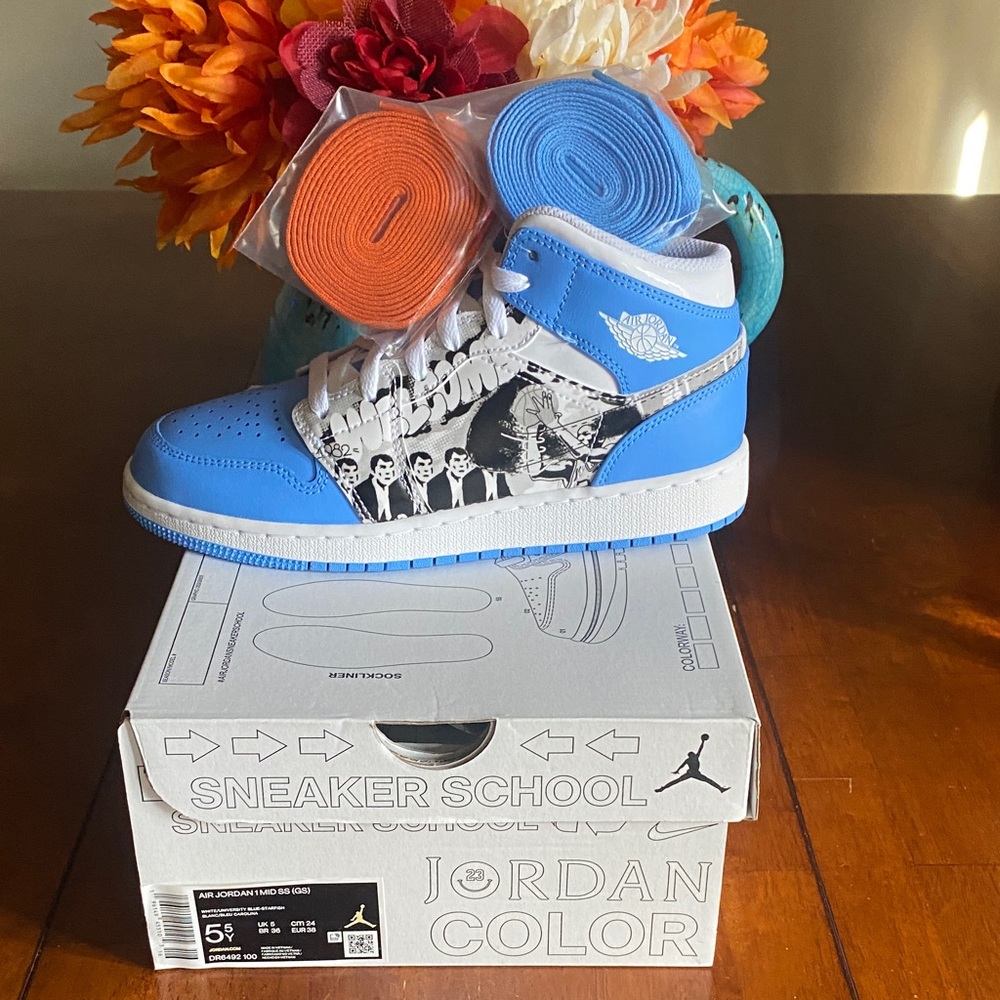 Jordan Blue and White Mid-Top Sneakers